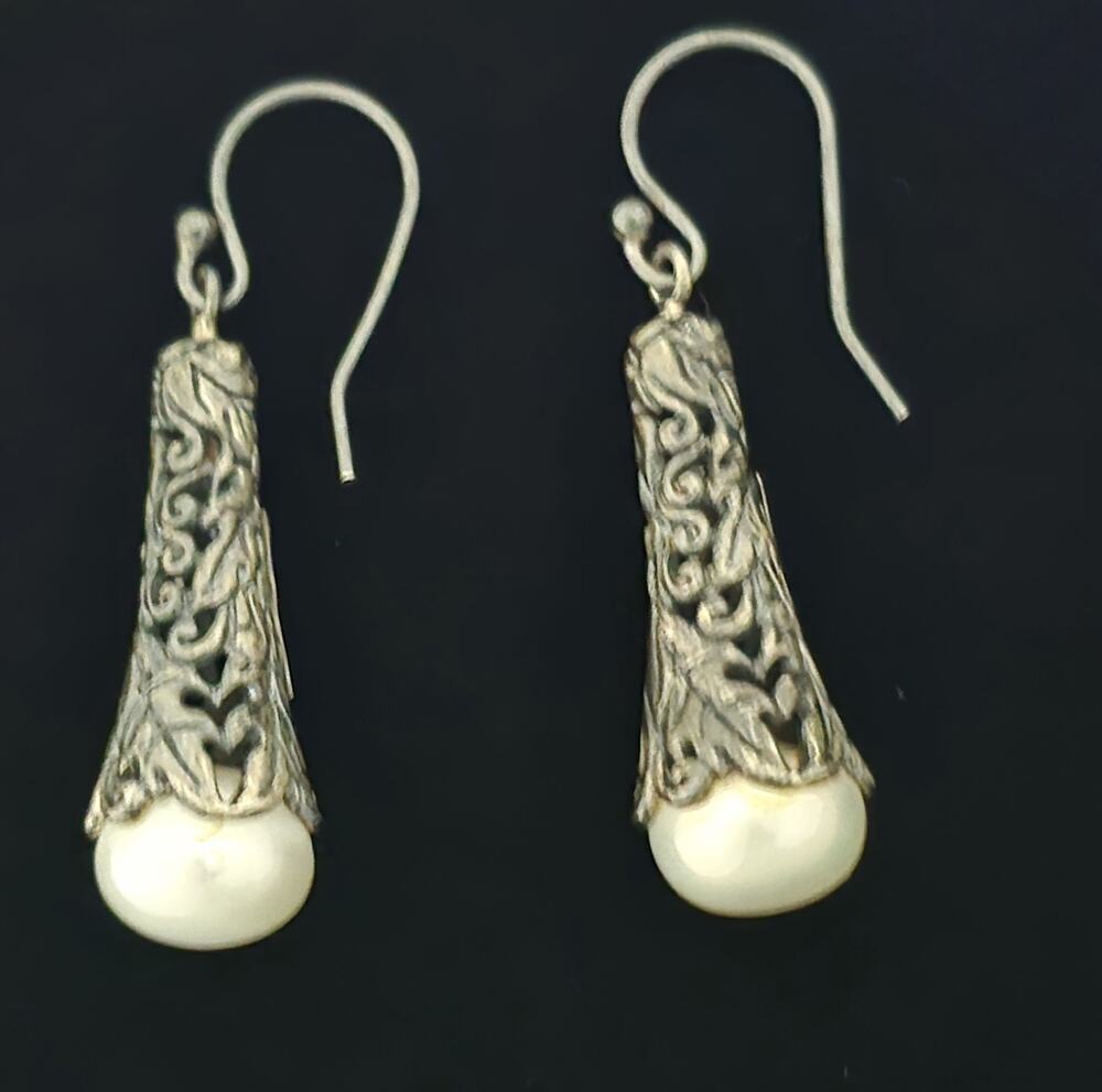 Vintage Sterling Silver Bali Balinese Pearl Dangle Drop Earrings 1.5"